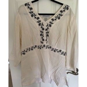 Sag Harbor Linen Top Cream/Ivory with Black Embroidery 1X
